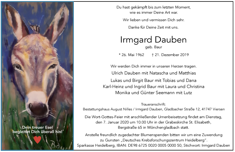  Traueranzeige für Irmgard Dauben vom 28.12.2019 aus Rheinische Post