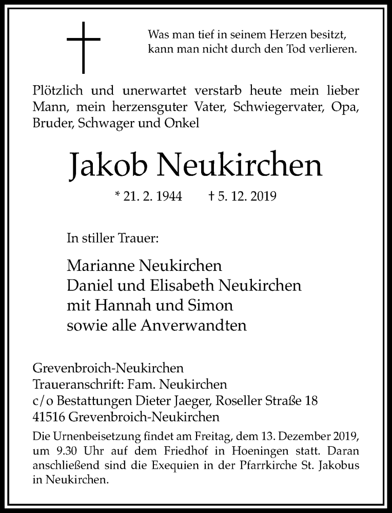  Traueranzeige für Jakob Neukirchen vom 10.12.2019 aus Rheinische Post