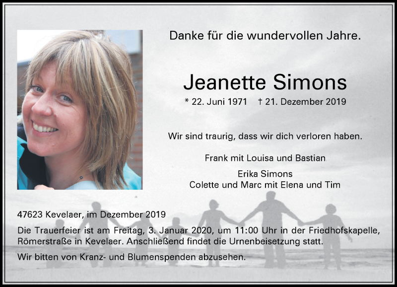  Traueranzeige für Jeanette Simons vom 31.12.2019 aus Rheinische Post