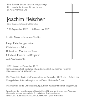 Traueranzeige von Joachim Fleischer von Rheinische Post