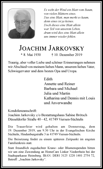 Traueranzeige von Joachim Jarkovsky von Rheinische Post