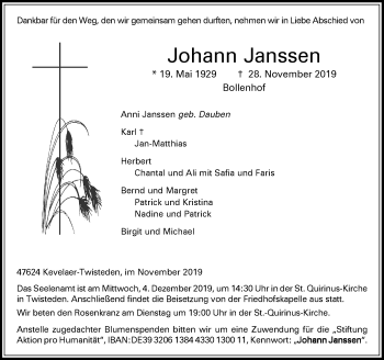 Traueranzeige von Johann Janssen von Rheinische Post