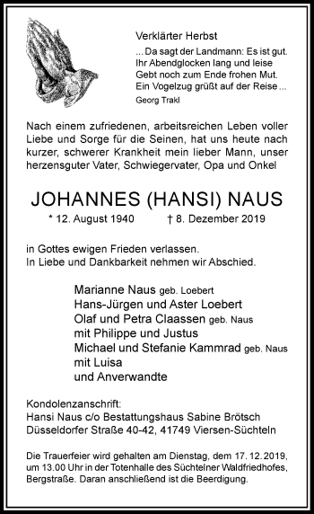 Traueranzeige von Johannes Naus von Rheinische Post