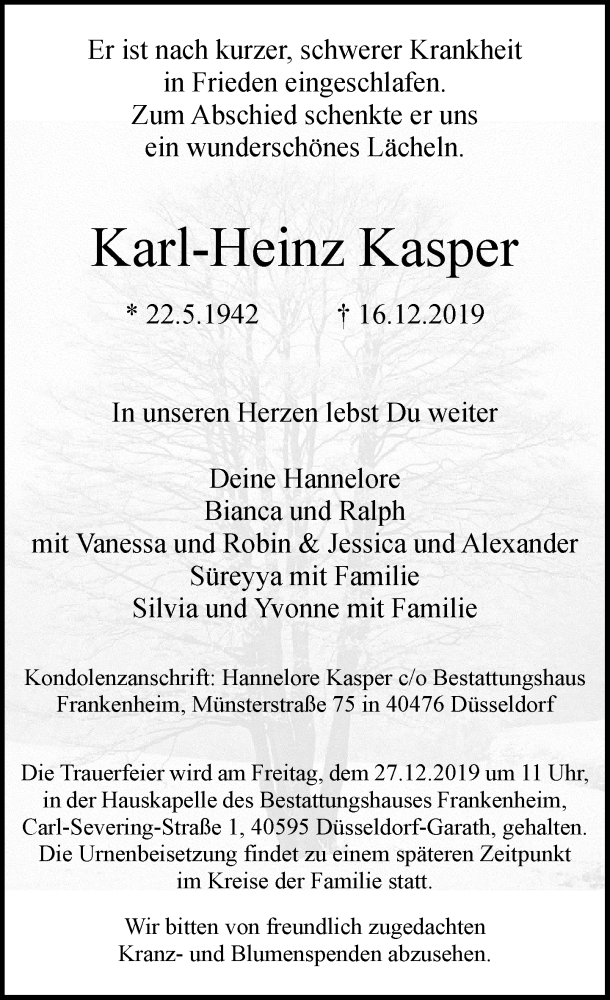  Traueranzeige für Karl-Heinz Kasper vom 21.12.2019 aus Rheinische Post