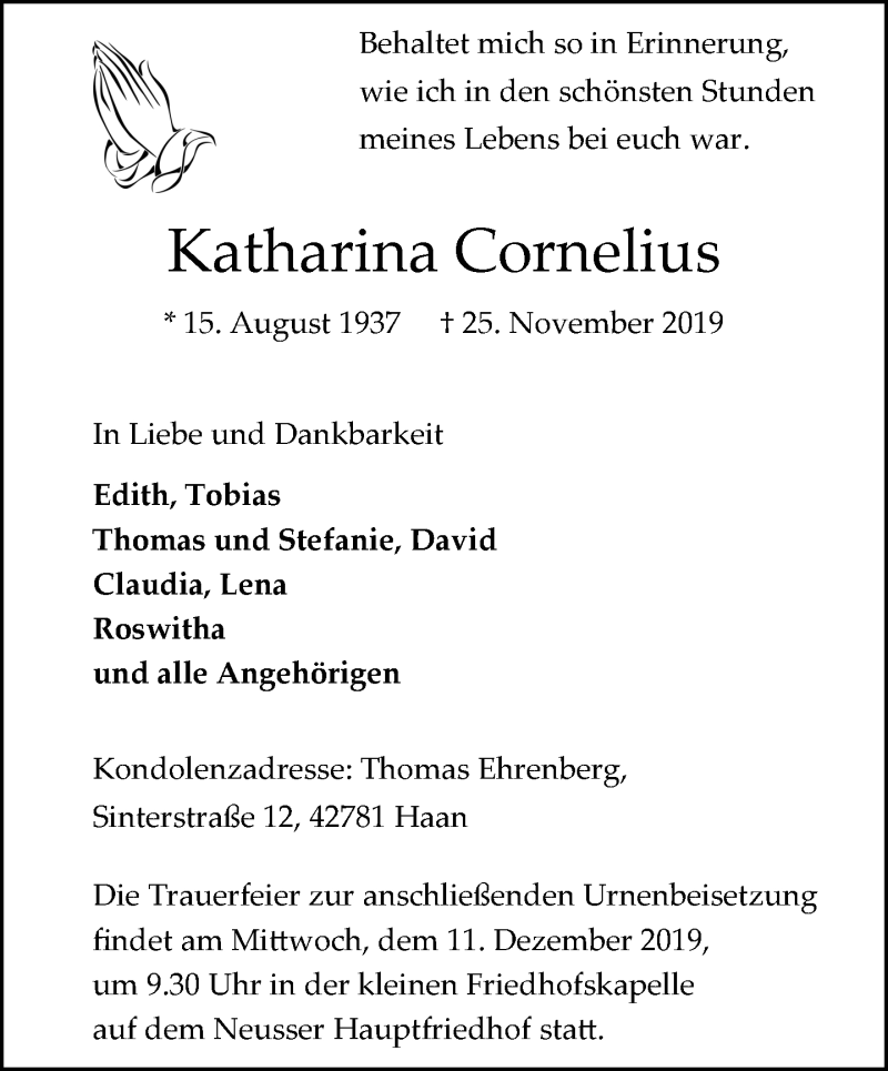  Traueranzeige für Katharina Cornelius vom 07.12.2019 aus Rheinische Post