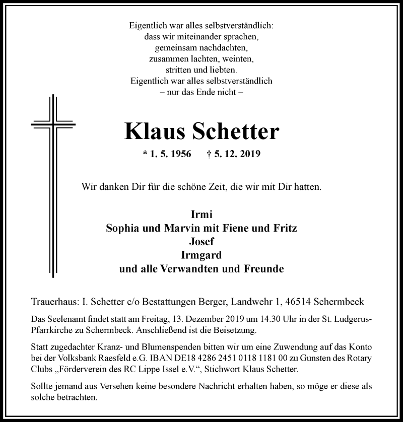  Traueranzeige für Klaus Schetter vom 10.12.2019 aus Rheinische Post