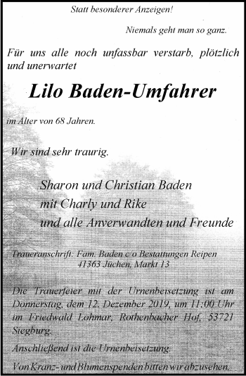 Traueranzeige von Lilo Baden-Umfahrer von Rheinische Post