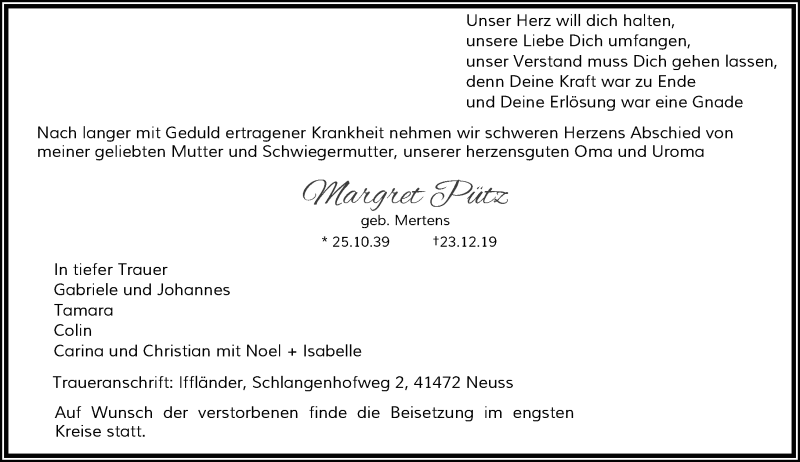  Traueranzeige für Margret Pütz vom 28.12.2019 aus Rheinische Post