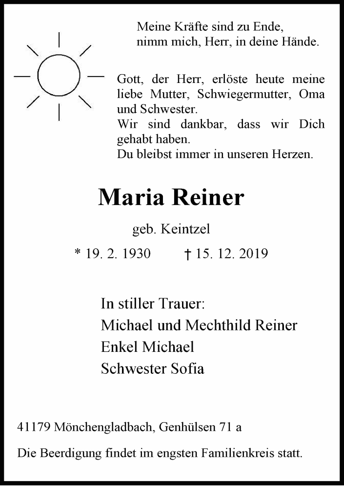 Traueranzeige für Maria Reiner vom 21.12.2019 aus Rheinische Post