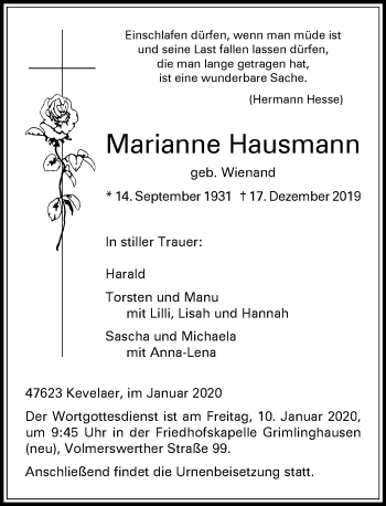Traueranzeige von Marianne Hausmann von Rheinische Post