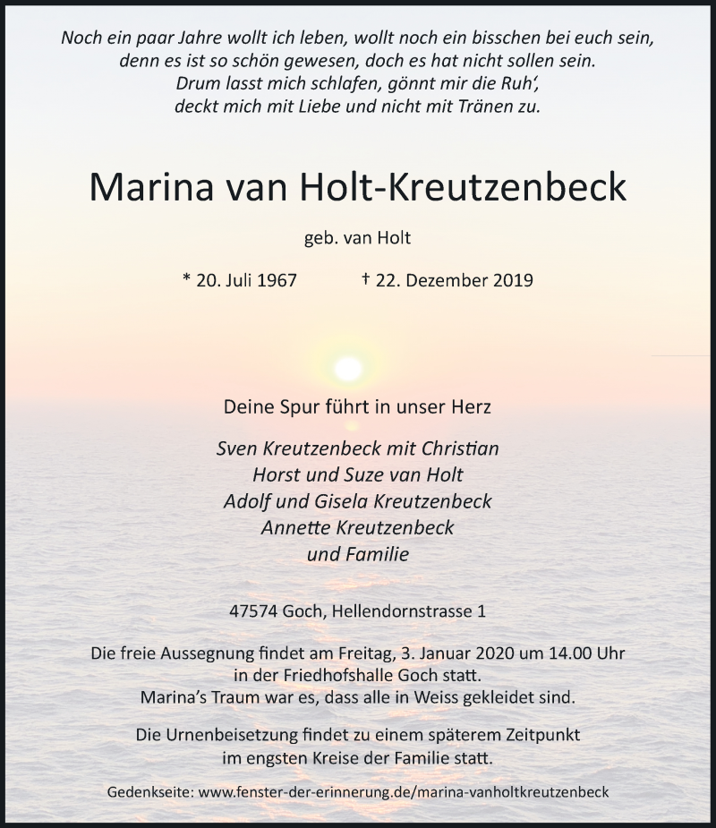  Traueranzeige für Marina van Holt-Kreutzenbeck vom 31.12.2019 aus Rheinische Post