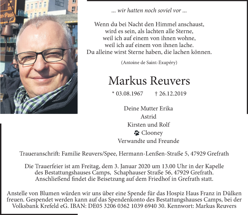  Traueranzeige für Markus Reuvers vom 28.12.2019 aus Rheinische Post