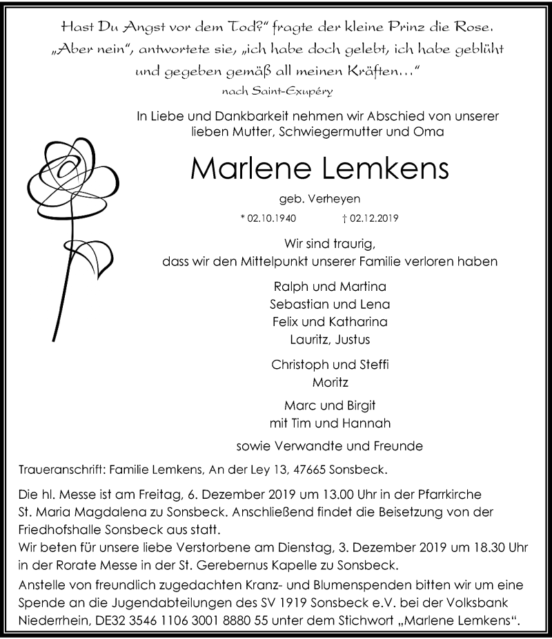  Traueranzeige für Marlene Lemkens vom 03.12.2019 aus Rheinische Post