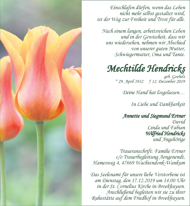  Traueranzeige für Mechtilde Hendricks vom 14.12.2019 aus Rheinische Post