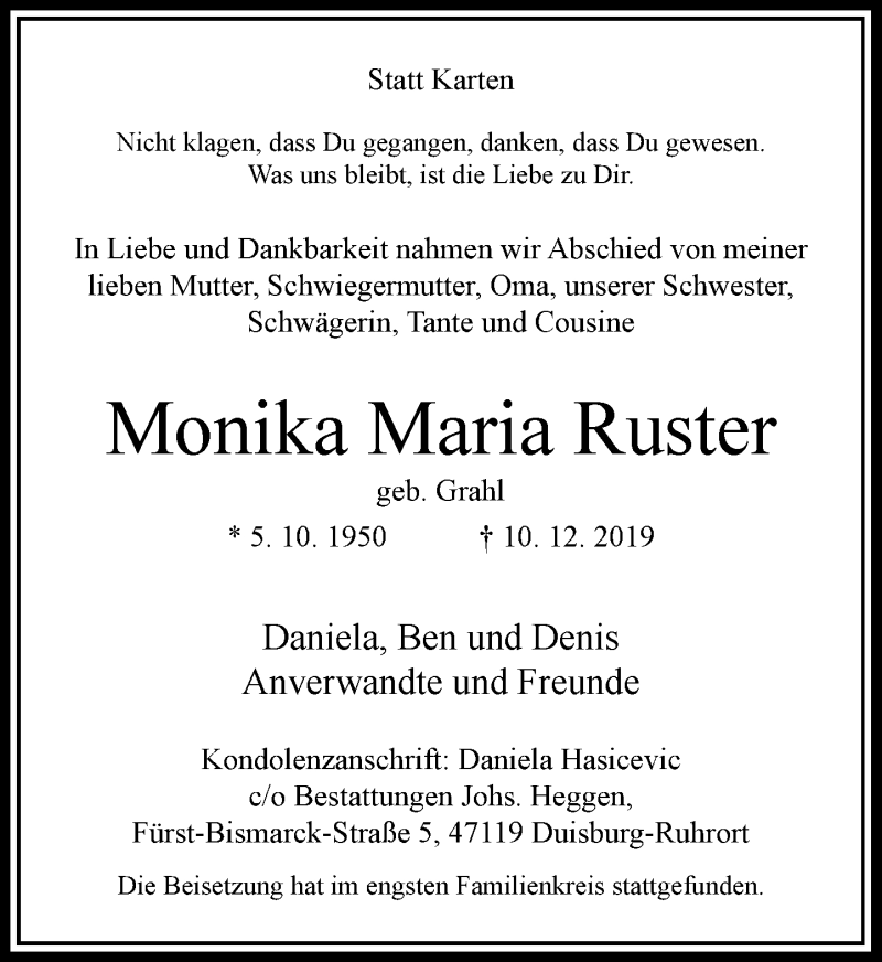  Traueranzeige für Monika Maria Ruster vom 21.12.2019 aus Rheinische Post
