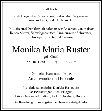 Traueranzeige von Monika Maria Ruster von Rheinische Post