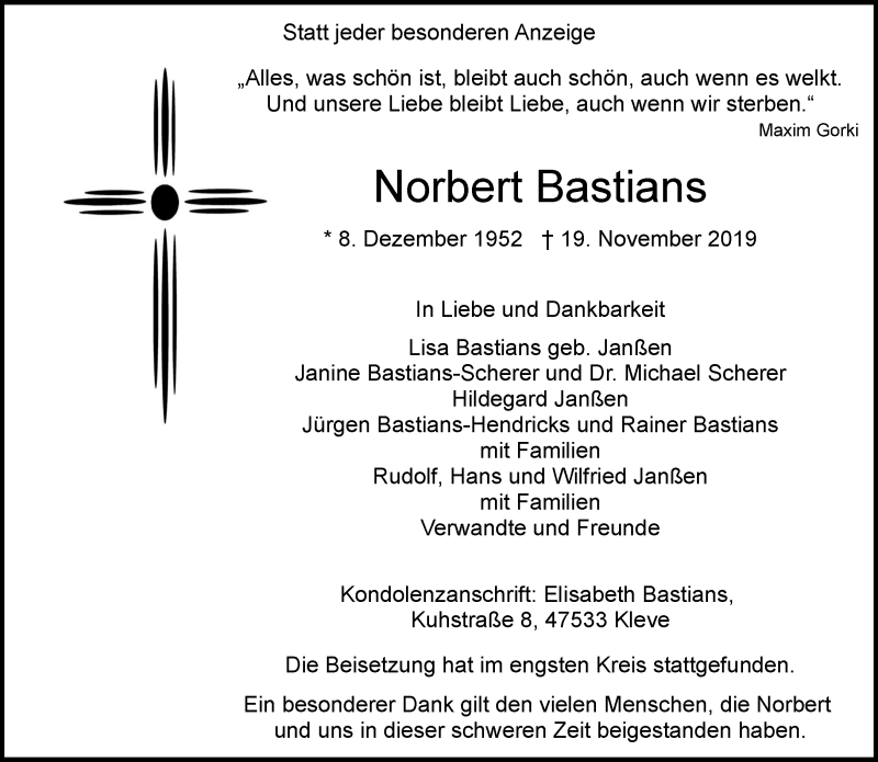  Traueranzeige für Norbert Bastians vom 30.11.2019 aus Rheinische Post