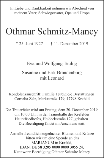 Traueranzeige von Othmar Schmitz-Mancy von Rheinische Post