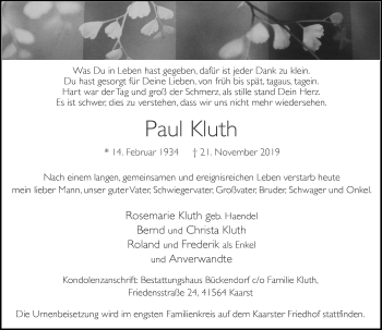 Traueranzeige von Paul Kluth von Rheinische Post