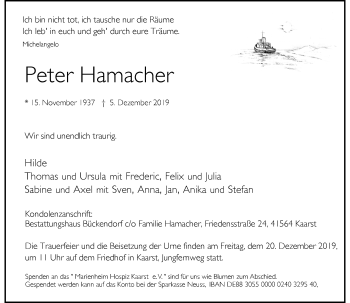 Traueranzeige von Peter Hamacher von Rheinische Post