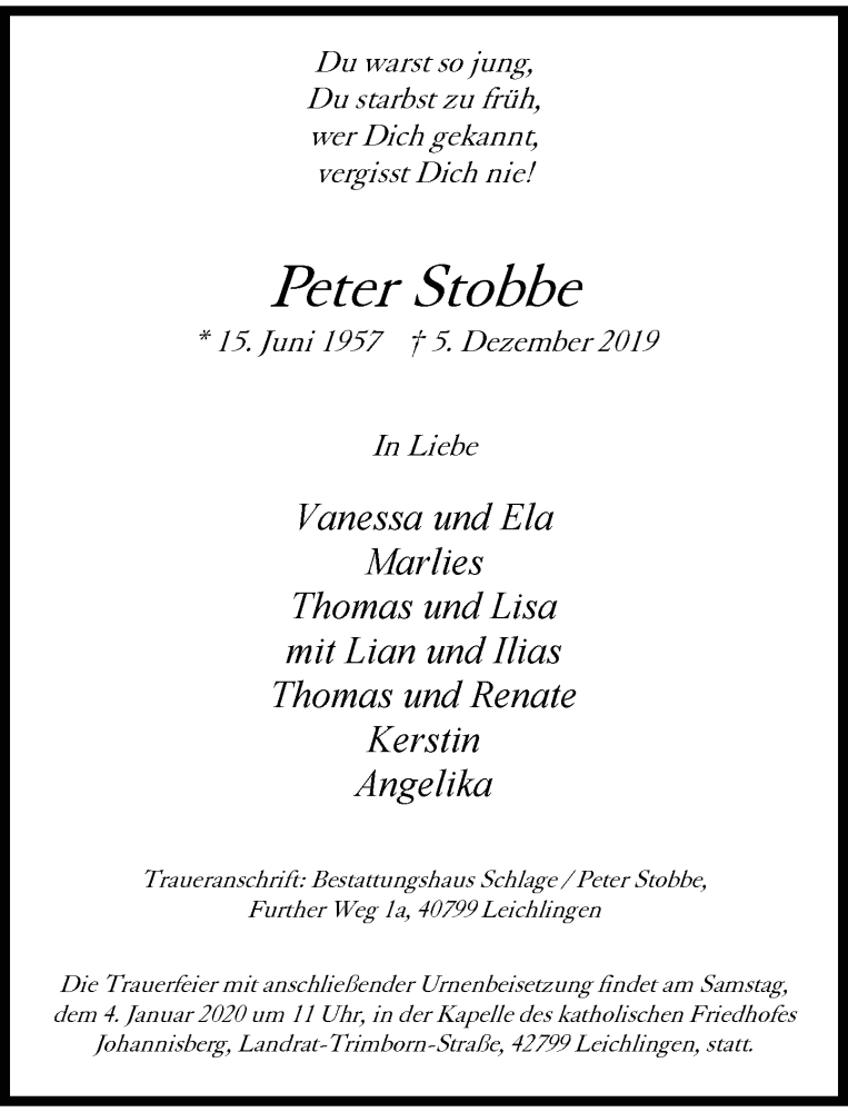  Traueranzeige für Peter Stobbe vom 28.12.2019 aus Rheinische Post