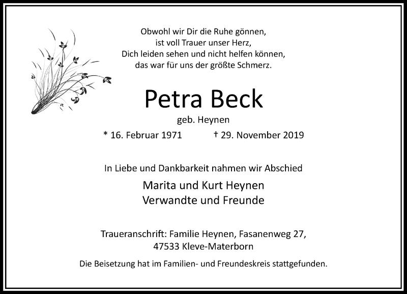  Traueranzeige für Petra Beck vom 11.12.2019 aus Rheinische Post