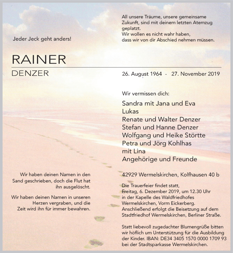  Traueranzeige für Rainer Denzer vom 30.11.2019 aus Rheinische Post