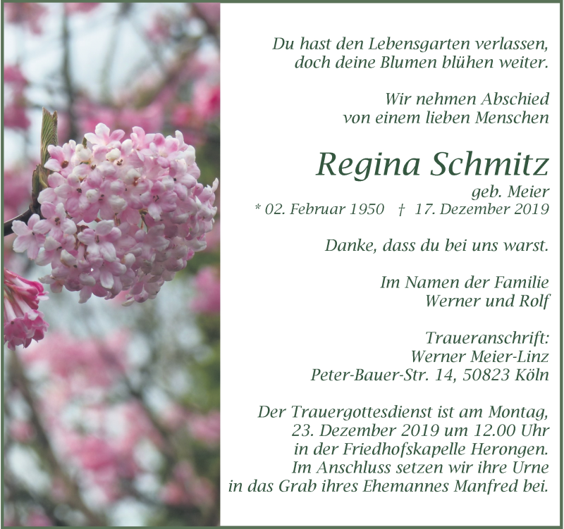  Traueranzeige für Regina Schmitz vom 21.12.2019 aus Rheinische Post