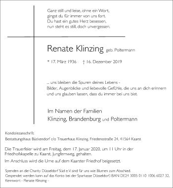 Traueranzeige von Renate Klinzing von Rheinische Post