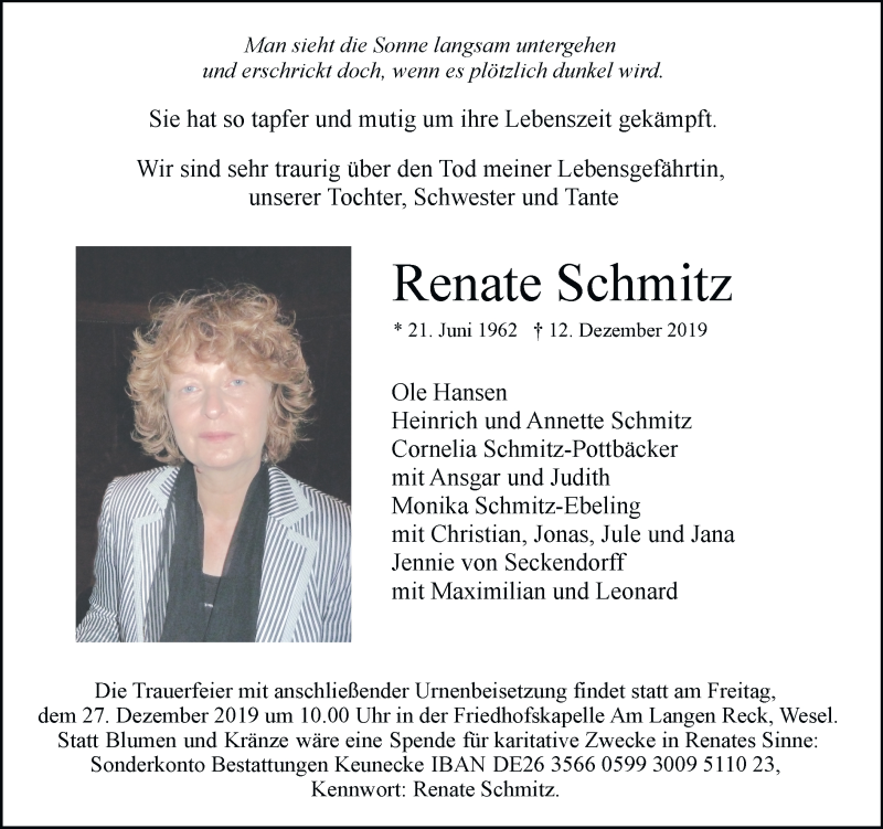  Traueranzeige für Renate Schmitz vom 18.12.2019 aus Rheinische Post
