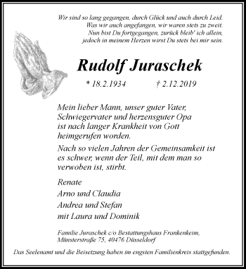 Traueranzeige von Rudolf Juraschek von Rheinische Post