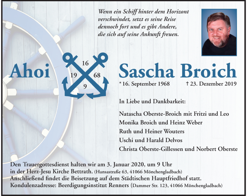  Traueranzeige für Sascha Broich vom 28.12.2019 aus Rheinische Post