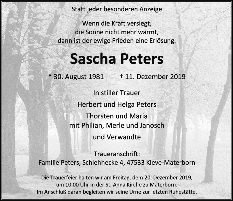  Traueranzeige für Sascha Peters vom 17.12.2019 aus Rheinische Post