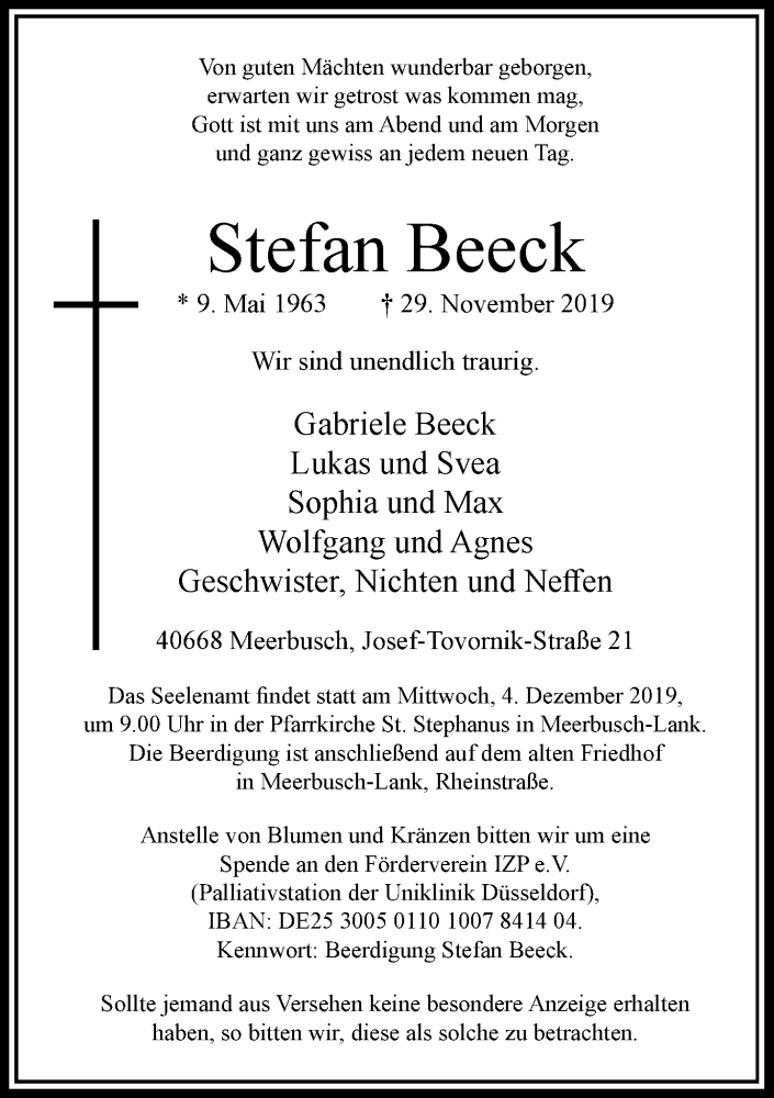  Traueranzeige für Stefan Beeck vom 30.11.2019 aus Rheinische Post