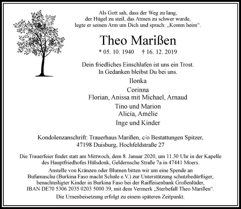  Traueranzeige für Theo Marißen vom 28.12.2019 aus Rheinische Post