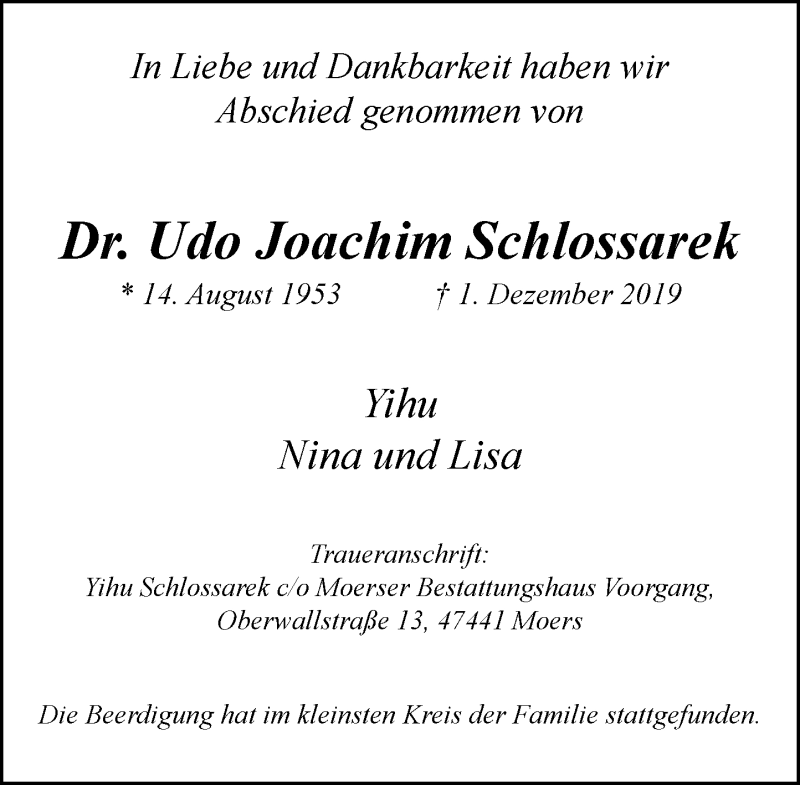 Traueranzeige für Udo Joachim Schlossarek vom 12.12.2019 aus Rheinische Post