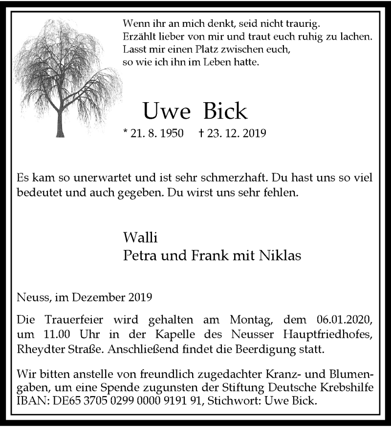  Traueranzeige für Uwe Bick vom 03.01.2020 aus Rheinische Post