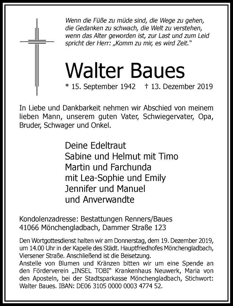  Traueranzeige für Walter Baues vom 17.12.2019 aus Rheinische Post