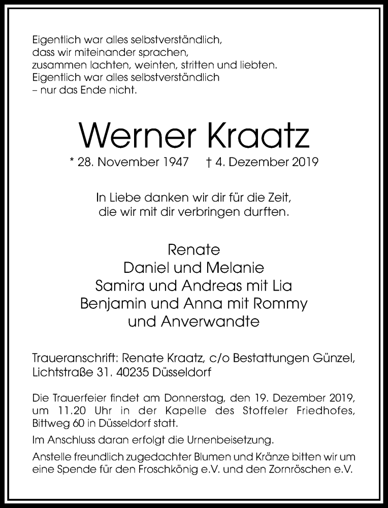  Traueranzeige für Werner Kraatz vom 14.12.2019 aus Rheinische Post