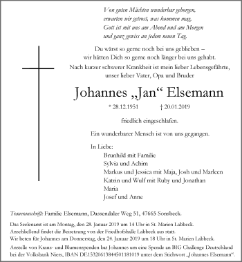Traueranzeige von Johannes Elsemann von Rheinische Post