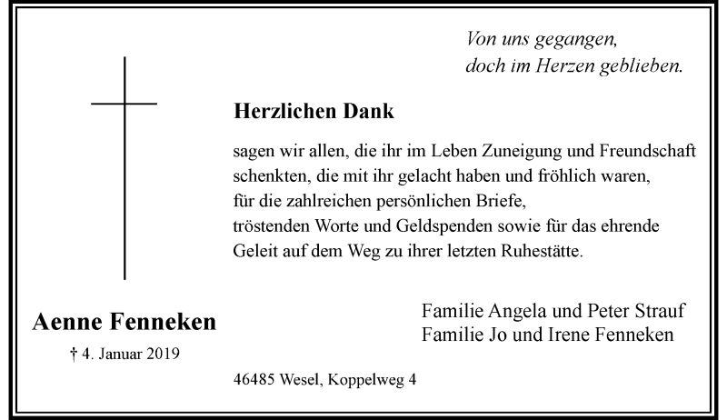  Traueranzeige für Aenne Fenneken vom 09.02.2019 aus Rheinische Post