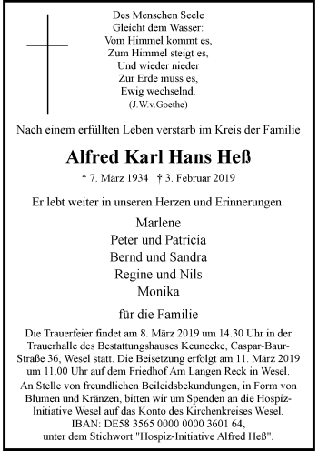 Traueranzeige von Alfred Karl Hans Heß von Rheinische Post