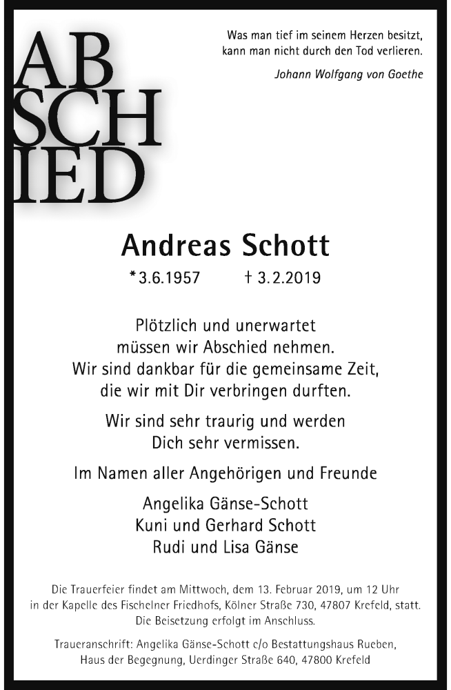  Traueranzeige für Andreas Schott vom 09.02.2019 aus Rheinische Post