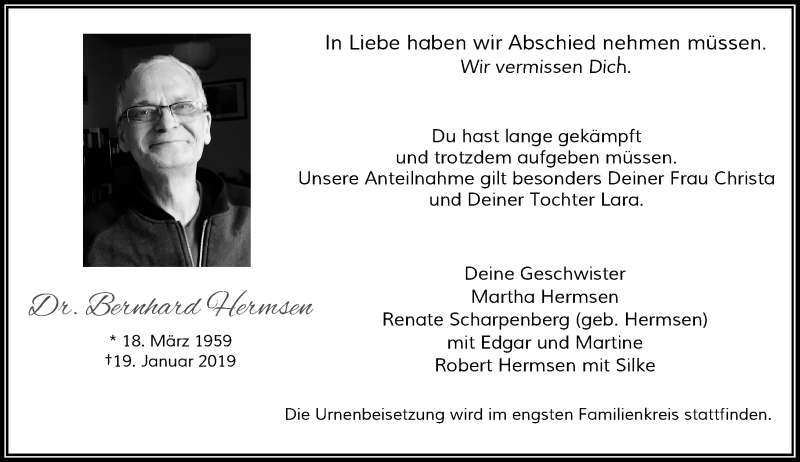  Traueranzeige für Bernhard Hermsen vom 08.02.2019 aus Rheinische Post