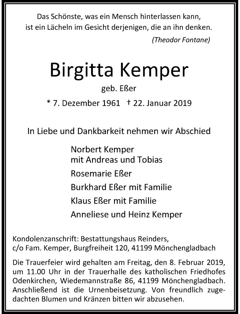  Traueranzeige für Birgitta Kemper vom 02.02.2019 aus Rheinische Post