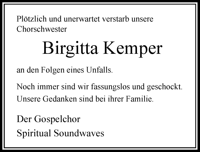  Traueranzeige für Birgitta Kemper vom 06.02.2019 aus Rheinische Post
