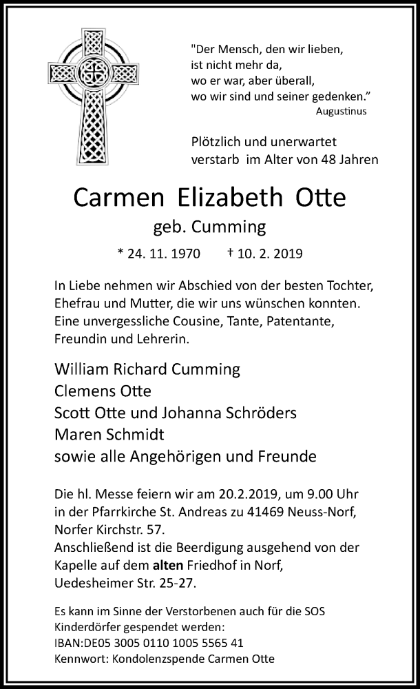  Traueranzeige für Carmen Elizabeth Otte vom 13.02.2019 aus Rheinische Post