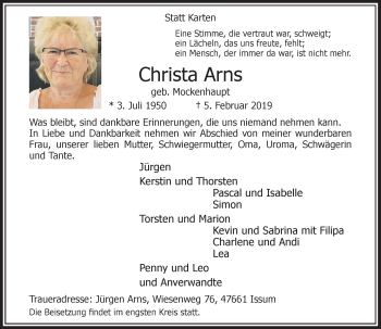 Traueranzeige von Christa Arns von Rheinische Post