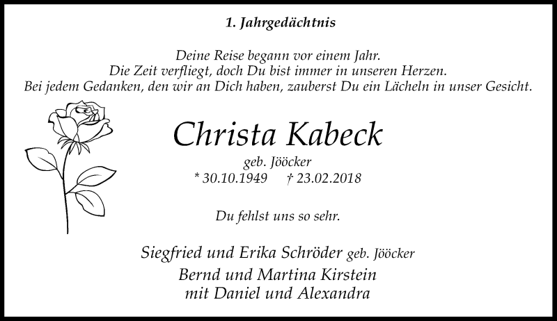  Traueranzeige für Christa Kabeck vom 23.02.2019 aus Rheinische Post