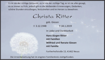Alle Traueranzeigen für Christa Ritter | trauer.rp-online.de